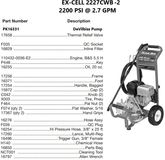 DEVILBISS model 2227CWB-2 power washer parts